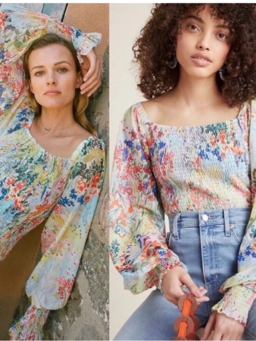 Anthropologie Rouen Floral Smocked Top Medium M Watercolor Off Shoulder Blouse